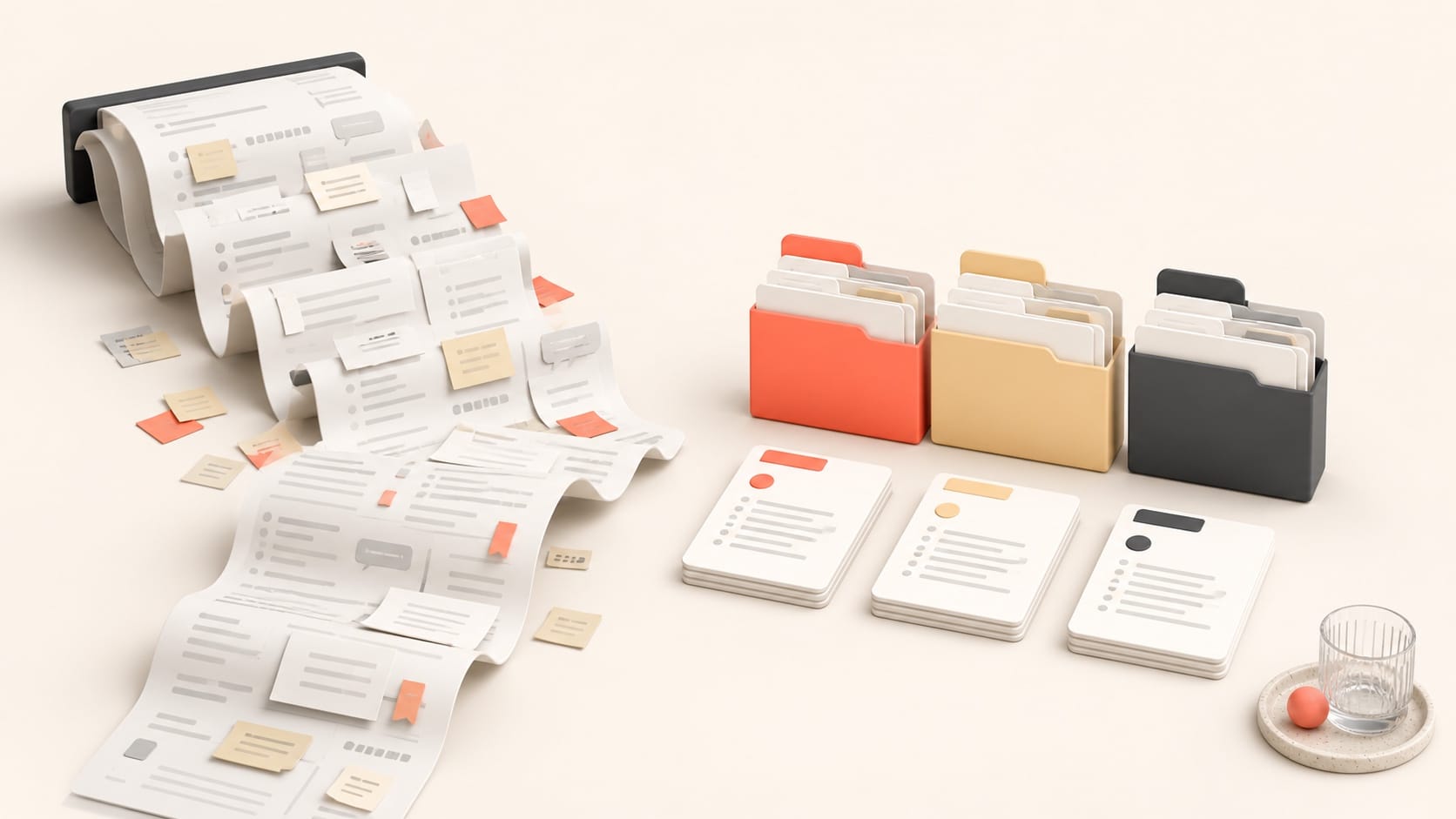 One unwieldy note spilling across a desk beside prompts grouped neatly into project folders