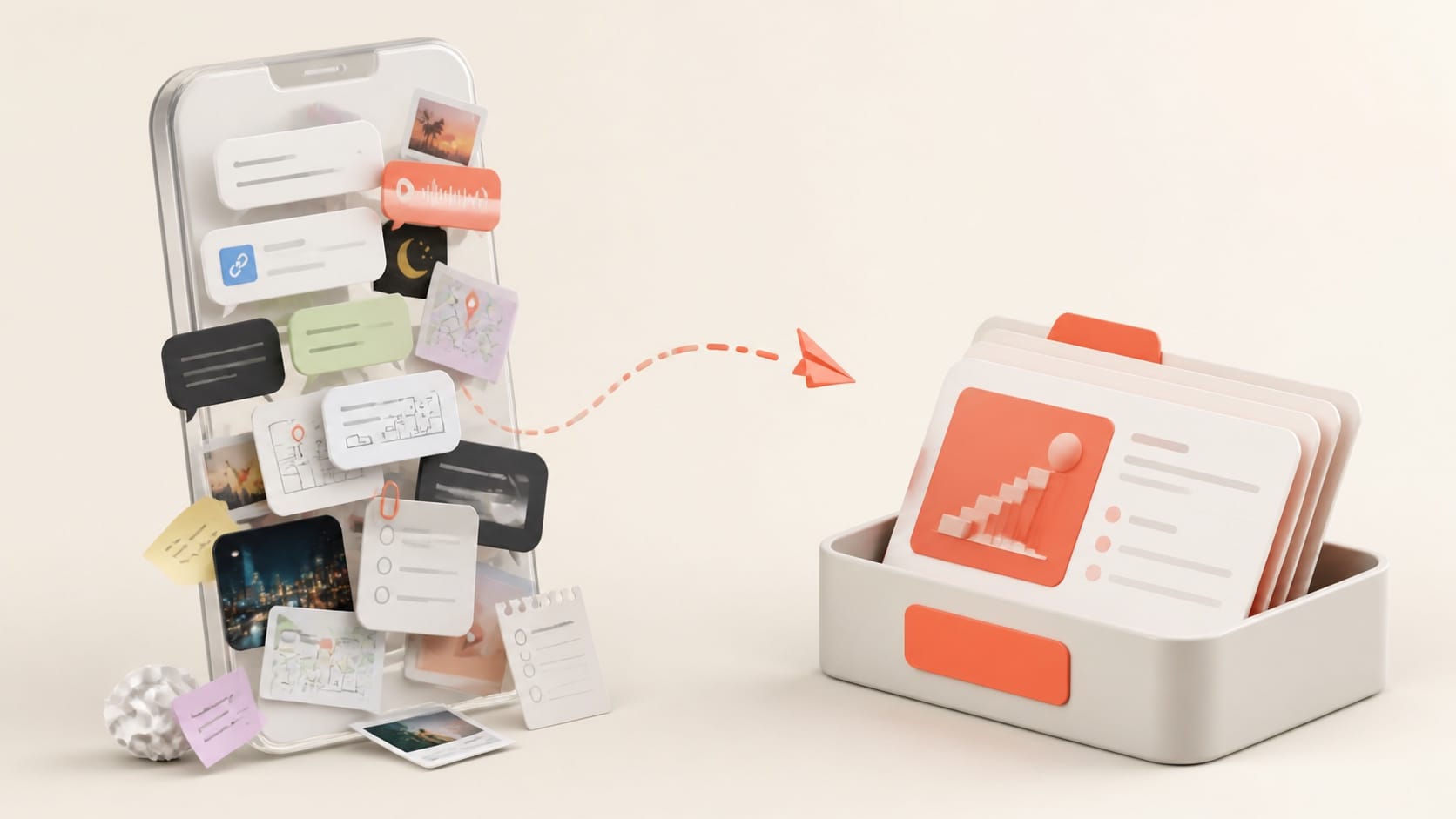 A chaotic phone full of messages and fragments beside prompts organised neatly in Snop