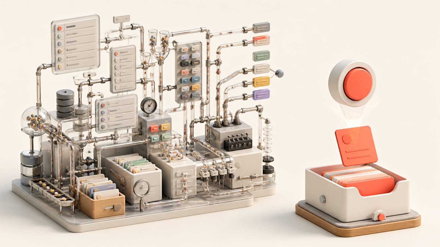 An elaborate prompt-processing machine beside one simple capture button and an organised tray