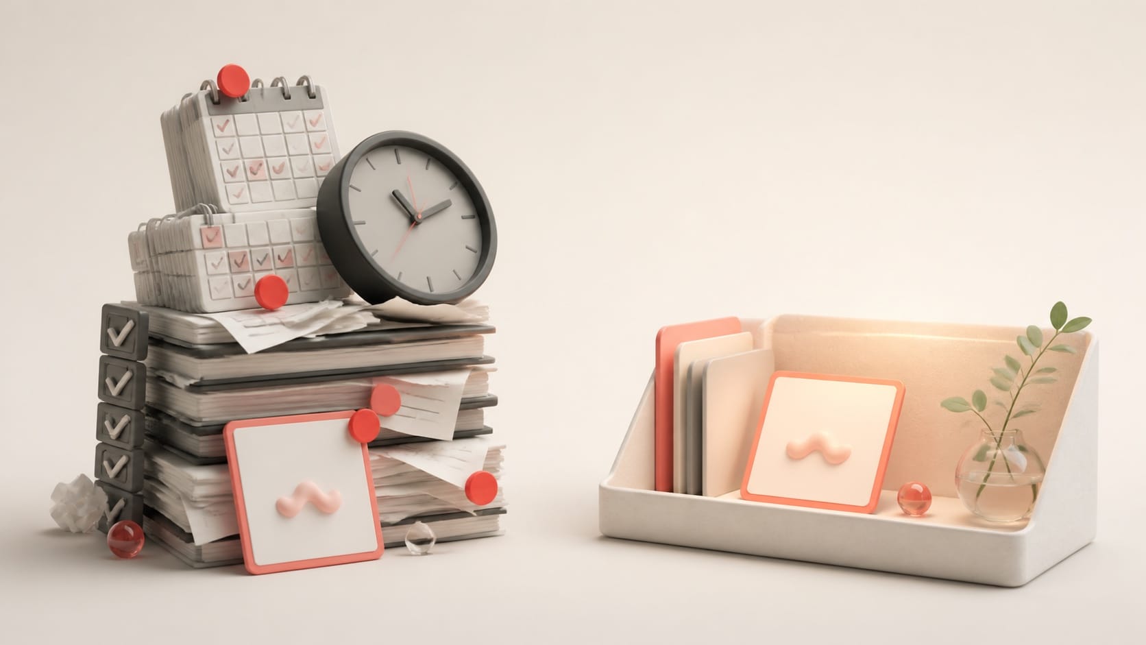 A prompt weighed down by calendars, checkboxes and a clock beside one resting calmly in Snop