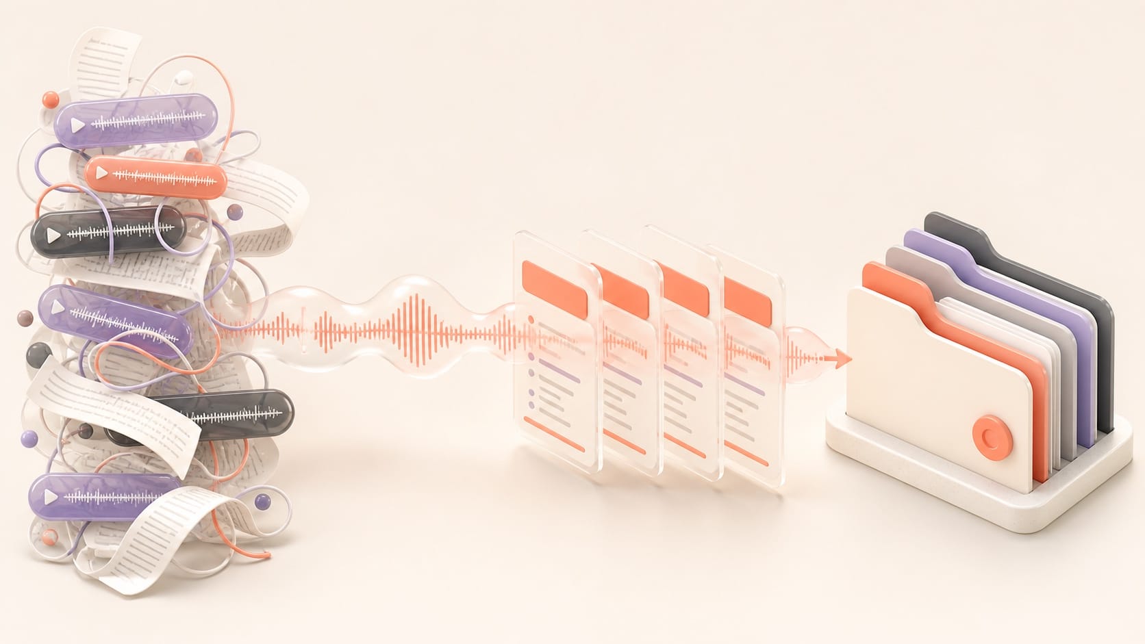 A tangle of voice recordings and transcripts becoming clean prompt cards organised into projects