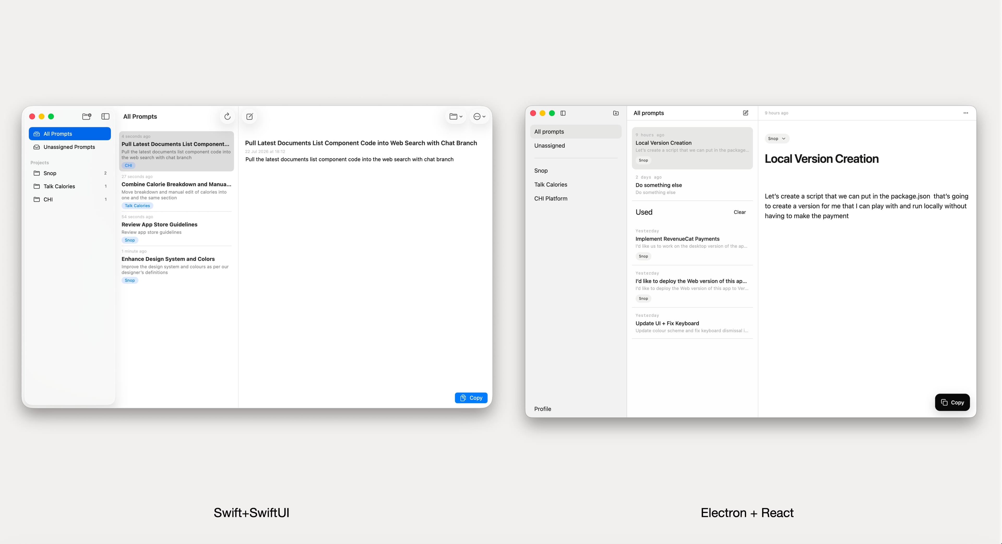 Snop's native SwiftUI Mac app on the left and the Electron and React desktop prototype on the right