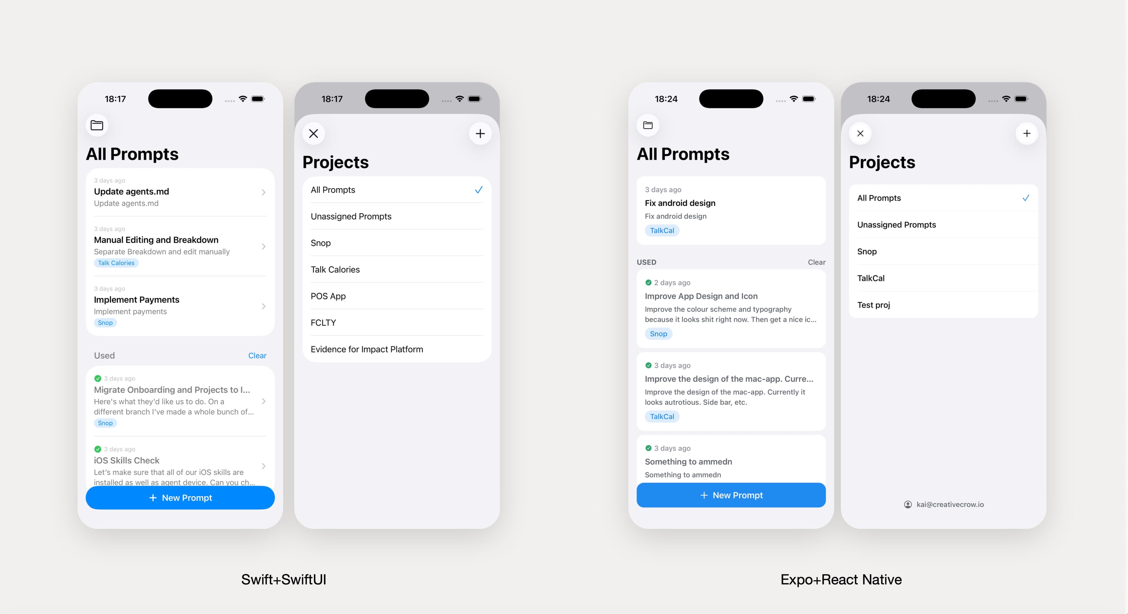 Snop's native SwiftUI mobile app on the left and the Expo and React Native prototype on the right