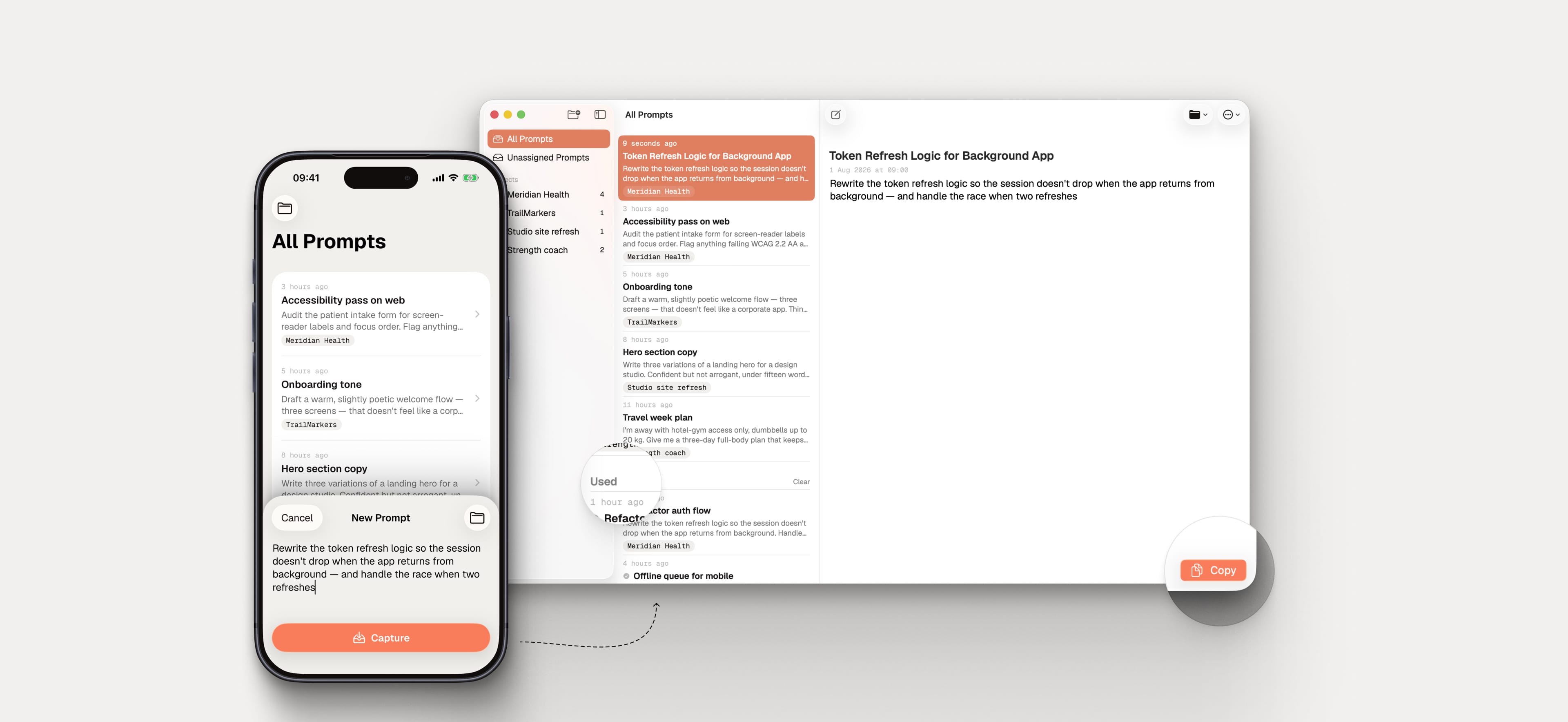Snop on iPhone and Mac — capture a prompt on your phone, use it at your desk