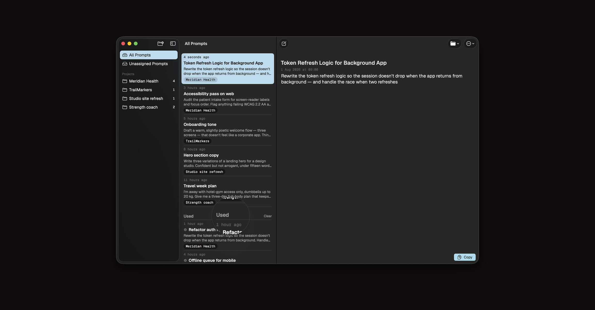 Snop on Mac showing a prompt library and prompt detail